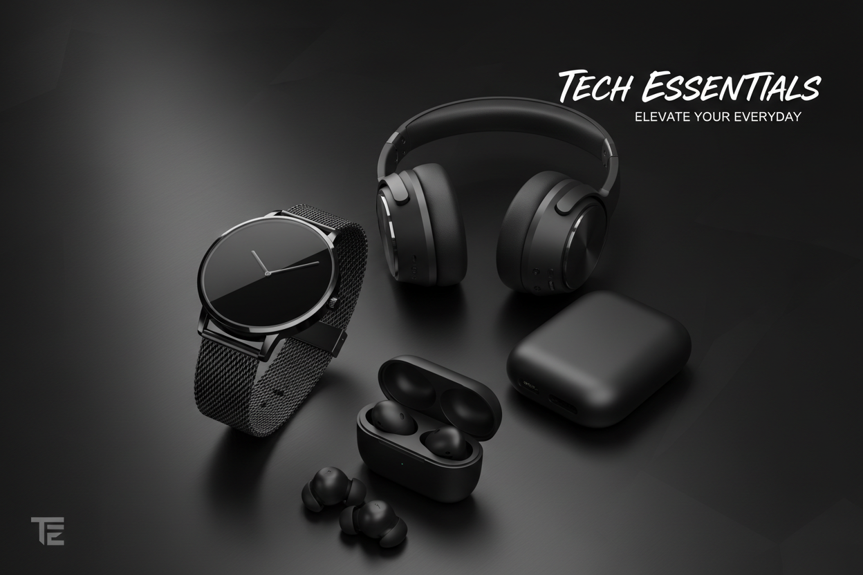 banner watch headphone earbuds power bank black texture background 